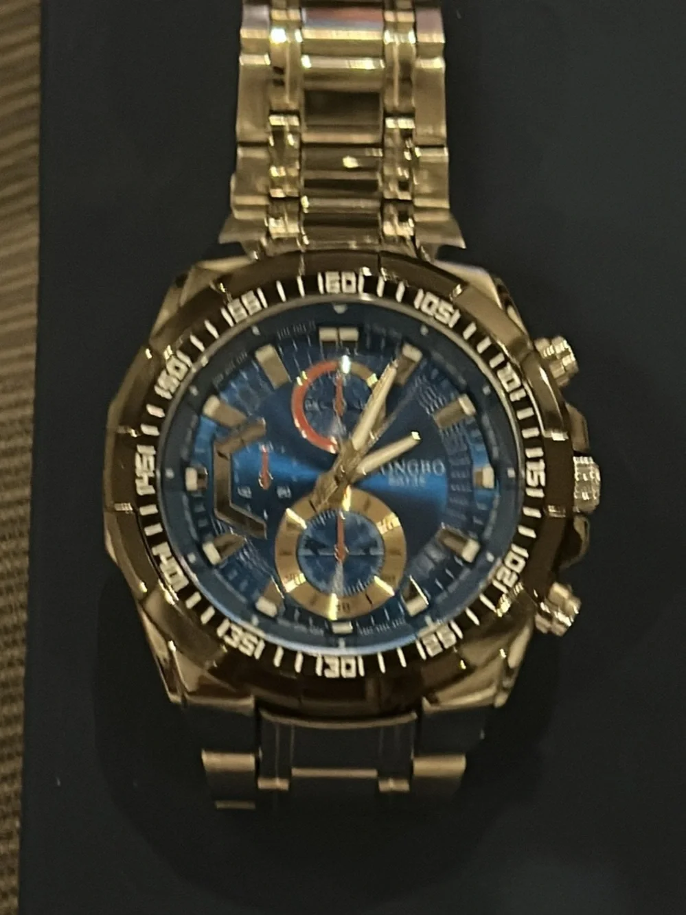 Men's Gold-Tone Stainless Steel Chronograph Watch with Blue Dial